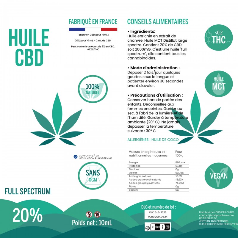 Huile CBD pas cher : Huile CBD 20% Full Spectrum