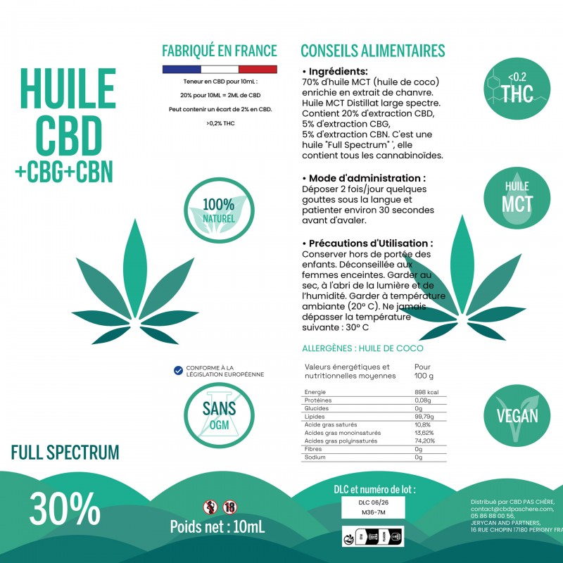 Huile CBD pas cher : Huile 30% CBD/CBN/CBG