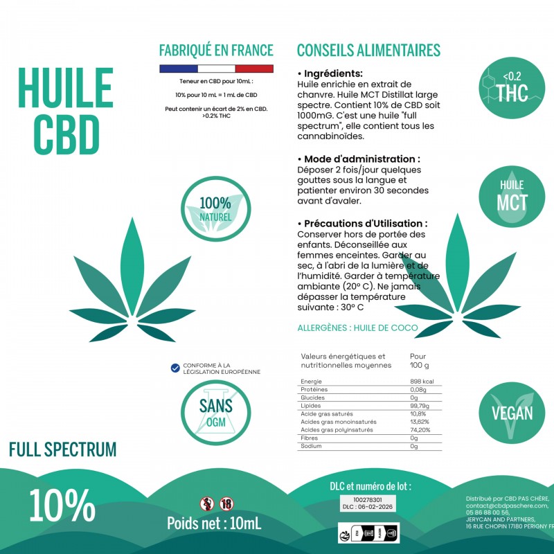 Huile CBD pas cher : Huile CBD 10% Full Spectrum